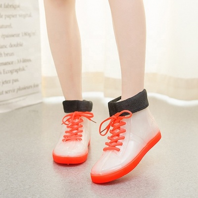 Custom transparent lace up girl rain boots small size fashion women rain shoes jelly ankle clear boots warm snow boots