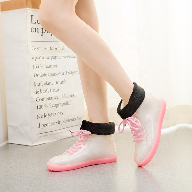 Custom transparent lace up girl rain boots small size fashion women rain shoes jelly ankle clear boots warm snow boots