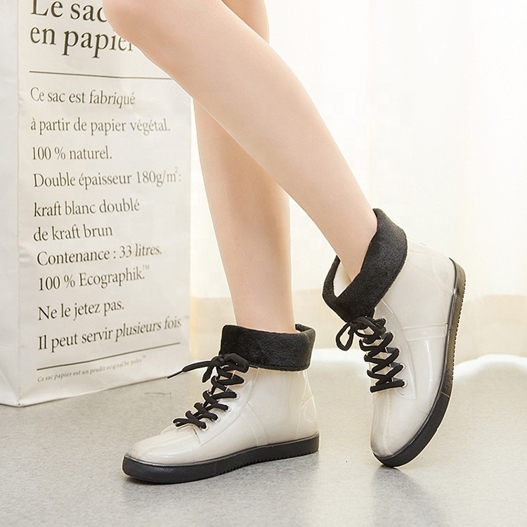 Custom transparent lace up girl rain boots small size fashion women rain shoes jelly ankle clear boots warm snow boots