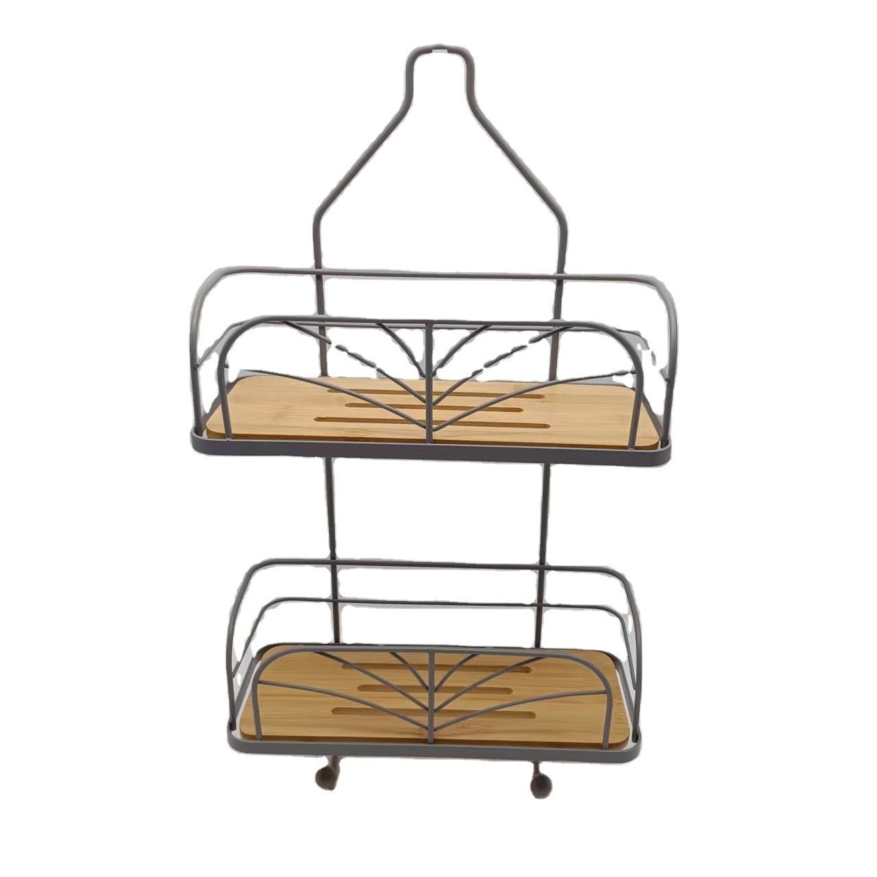 Hot Product Custom 2 Tier Hanging Wall Mounted Bamboo Wood Metal Iron Bathroom Shower Caddy 2 Layer Display Rack With Hook