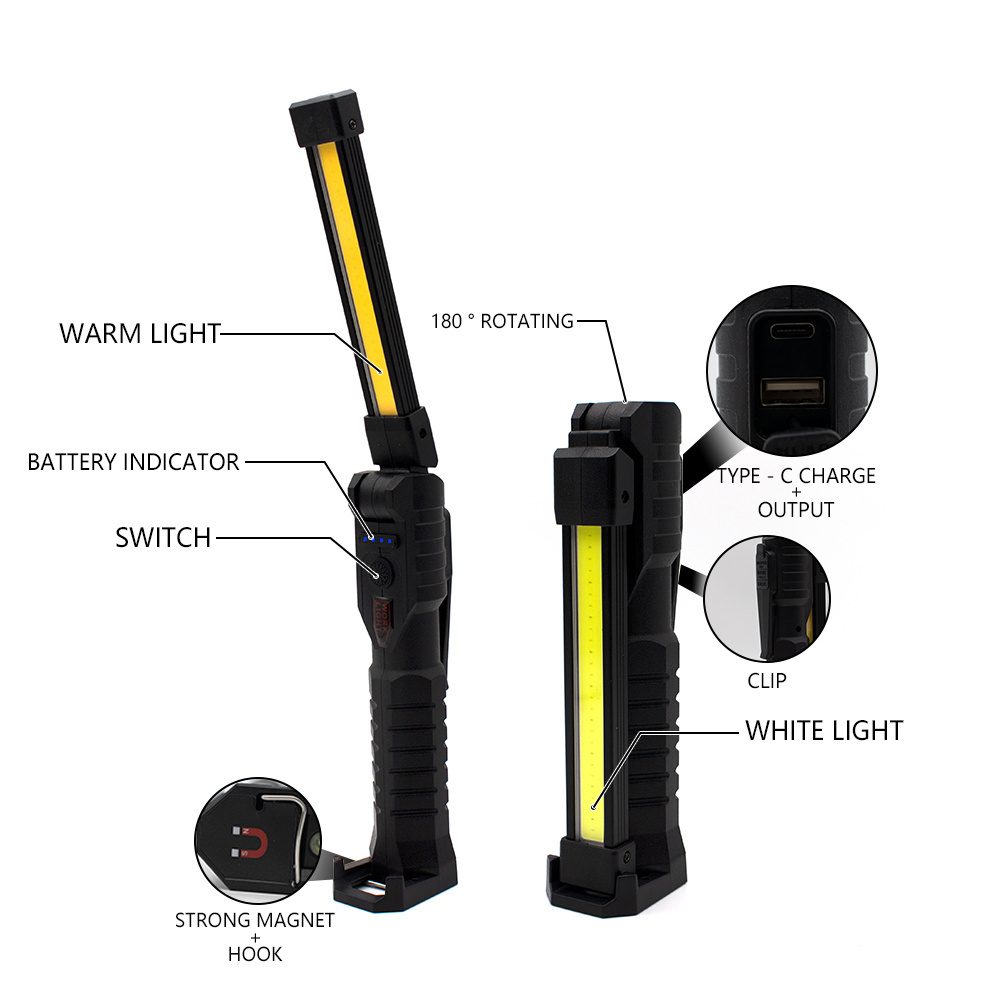 Portable Double sided Magnetic Foldable COB Work Light Rechargeable LED Flashlight Torch Hanging Hook Emergency Light