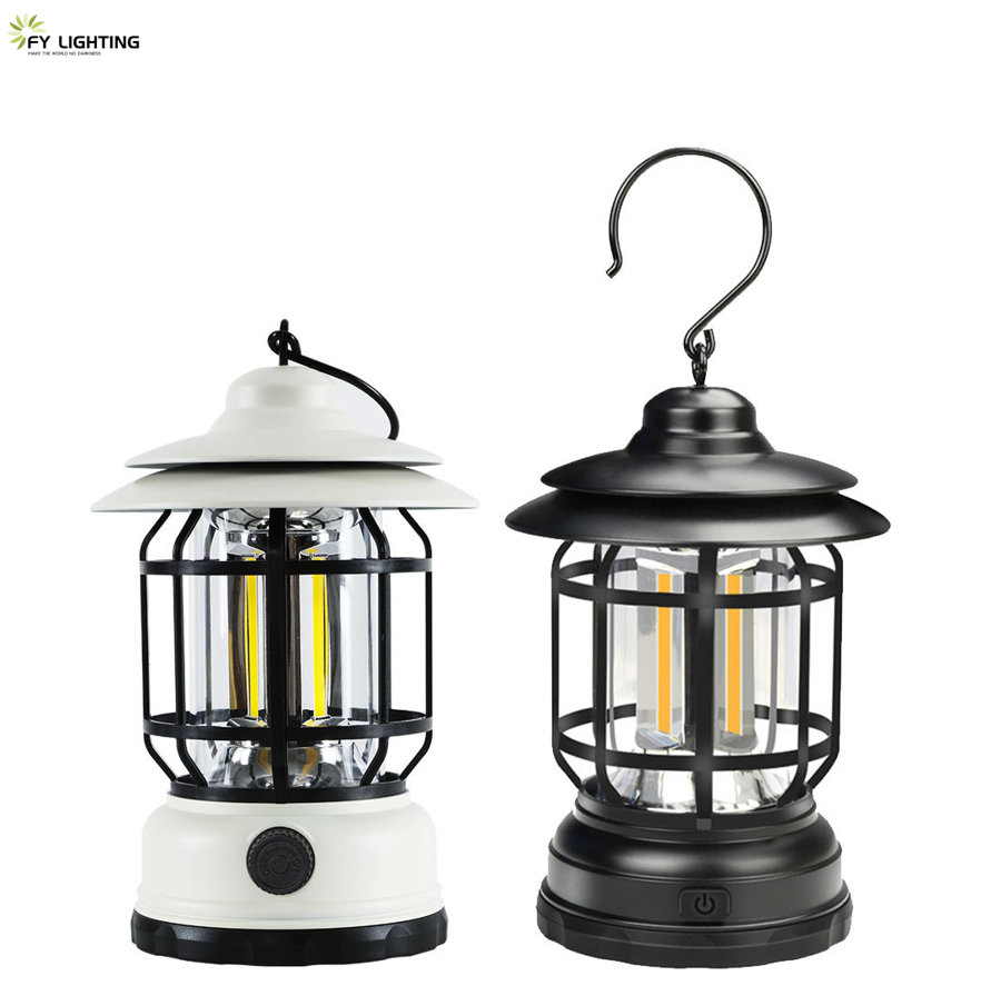 LED USB Rechargeable Retro Camping Light Metal Hanging Lantern with Switch Button for Indoor or Outdoor