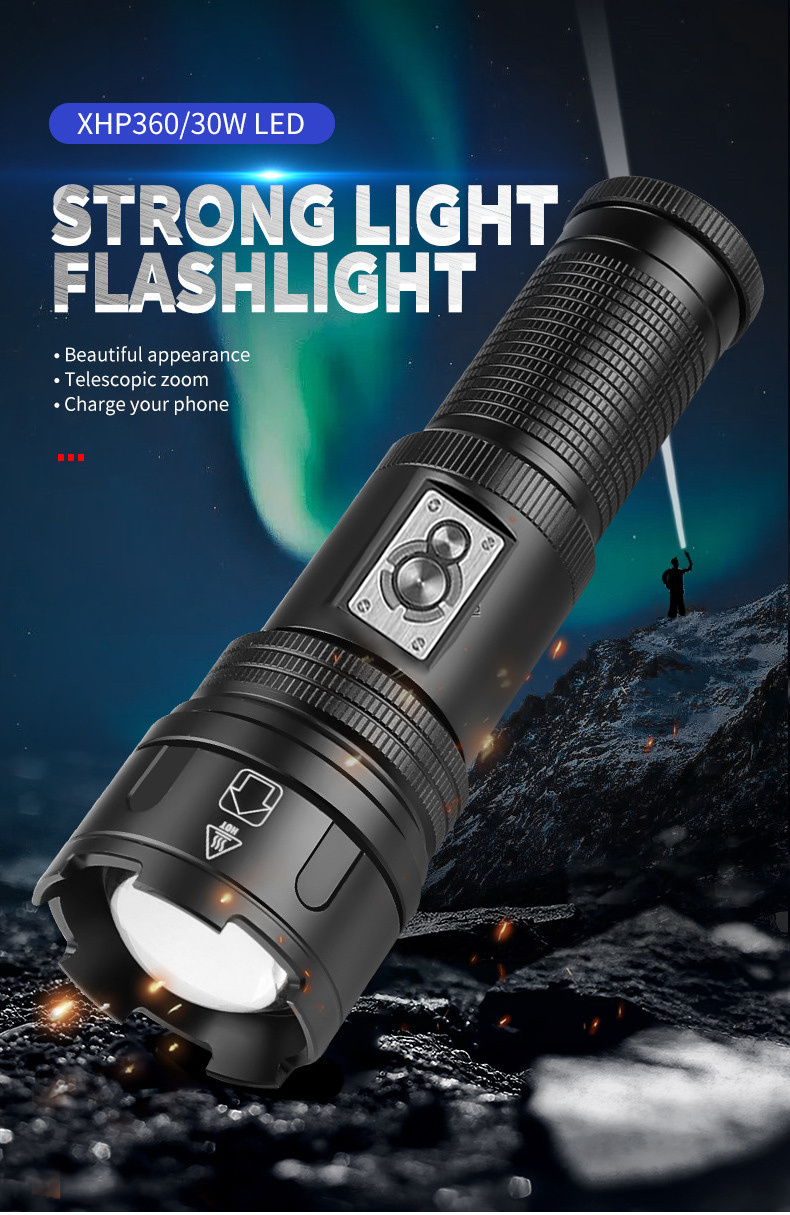 Zoomable 30W Led Super Strong Flashlight Torch Portable Waterproof Camping Hiking Tactical Edc Light Torch Outdoor Flash Light