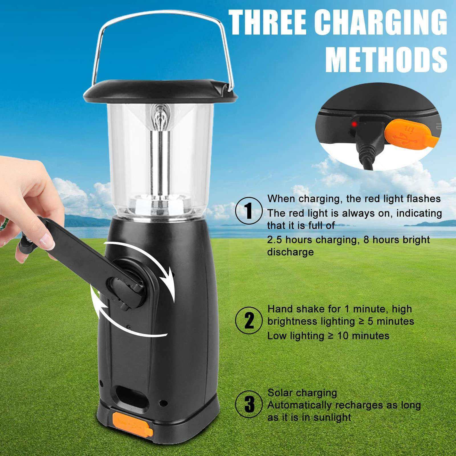 Portable USB Rechargeable Led Camping Lamp Manual power generator Hanging Solar Camping Light Lantern With Hook and usb output