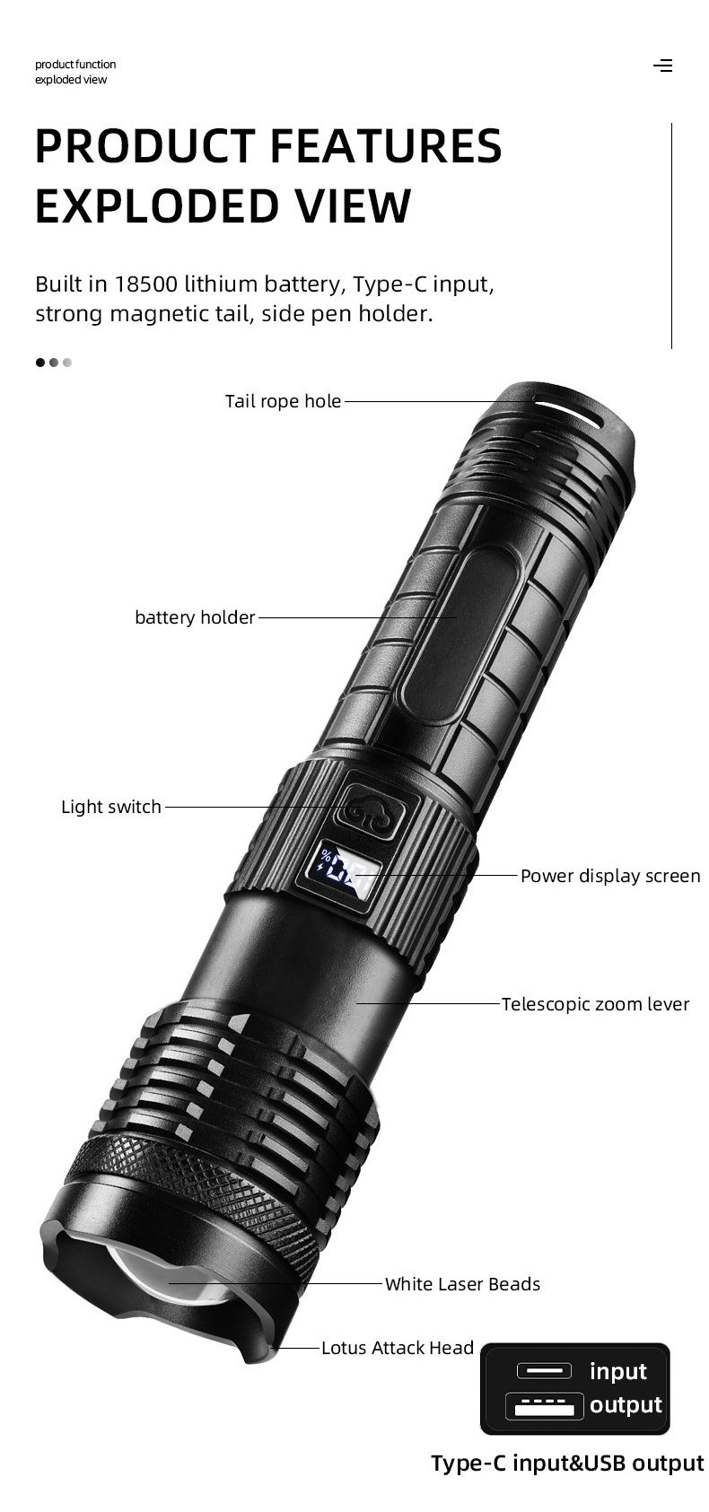 Torch light zoom flashlight long range white laser rechargeable flashlight led