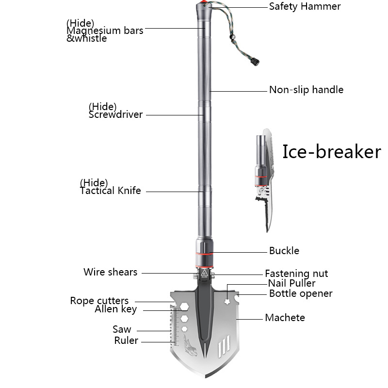 2024 factory wholesale Multifunctional Survival Shovel Emergency  Survival Tool ice shovel in stainless steel shovel