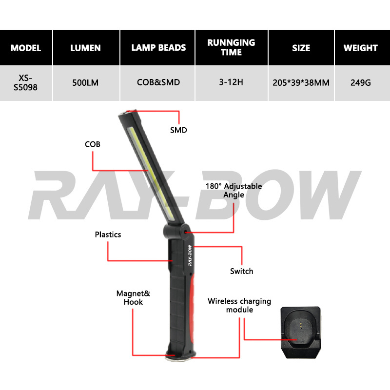 500 Lm workshop Foldable Magnetic Rechargeable Flood 5 Modes 360 Rotate LED Work Light with Charging station