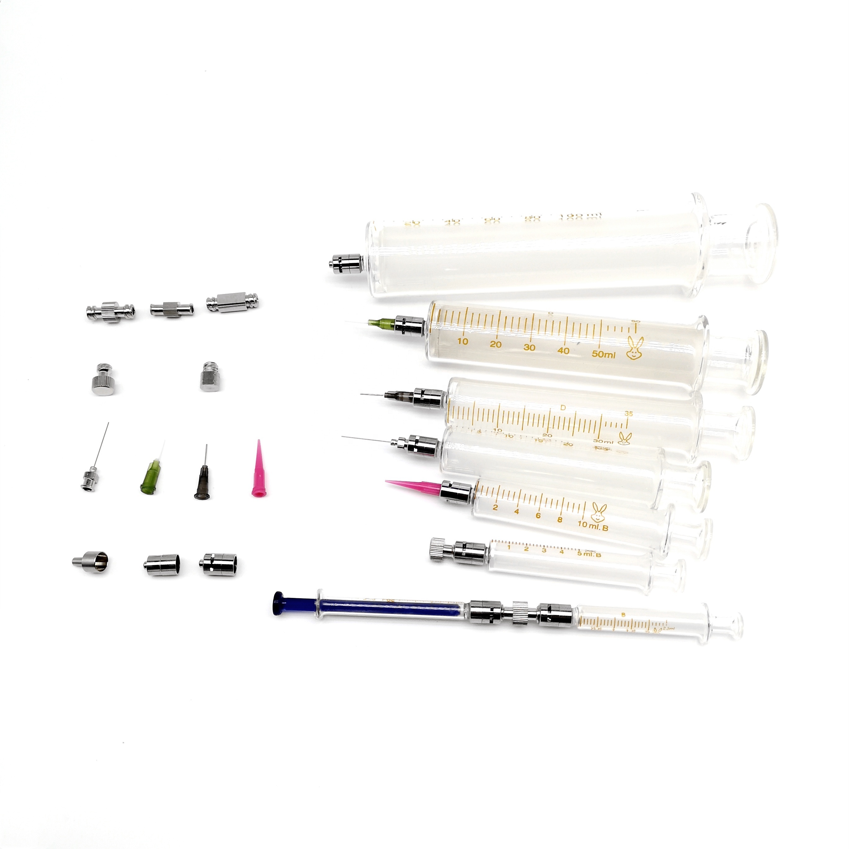 1ml 2ml 5ml 10ml 20ml 30ml 50ml 100ml metal luer lock tips & needles glass syringe and accessories