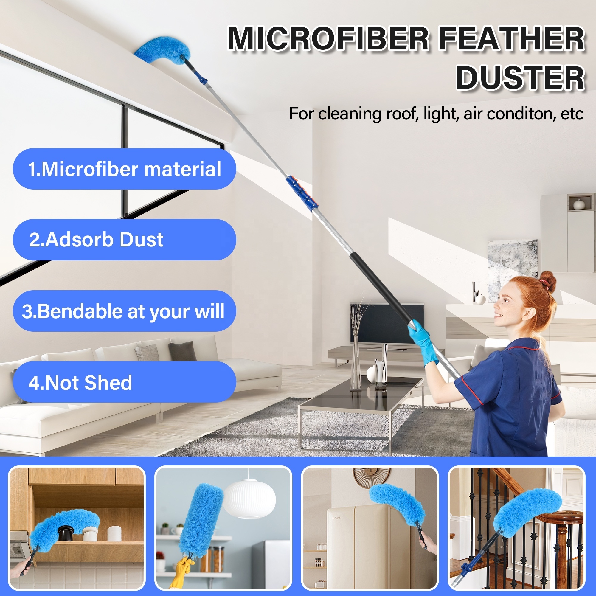 Cleaning Kit with 5-12 Foot Telescoping Extension Pole Window Squeegee  Cobweb  Microfiber Feather Ceiling Fan Dusters