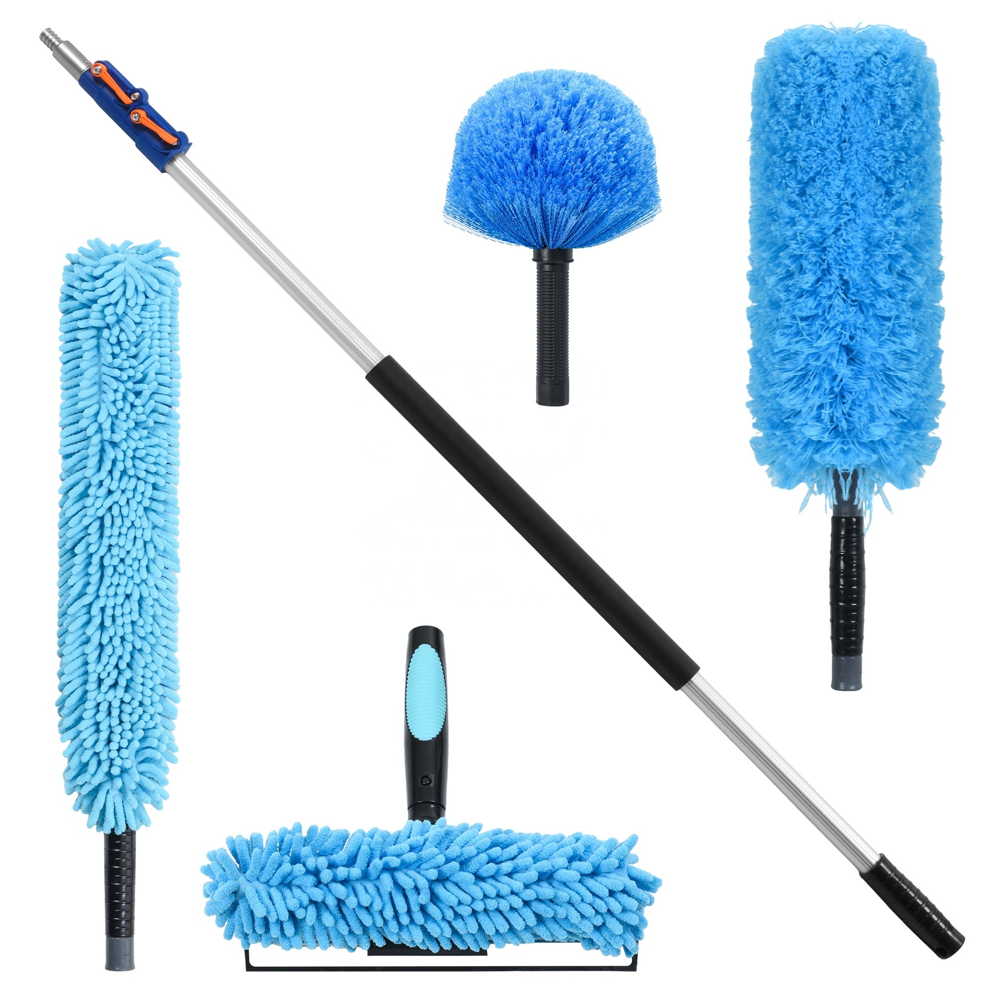 Cleaning Kit with 5-12 Foot Telescoping Extension Pole Window Squeegee  Cobweb  Microfiber Feather Ceiling Fan Dusters