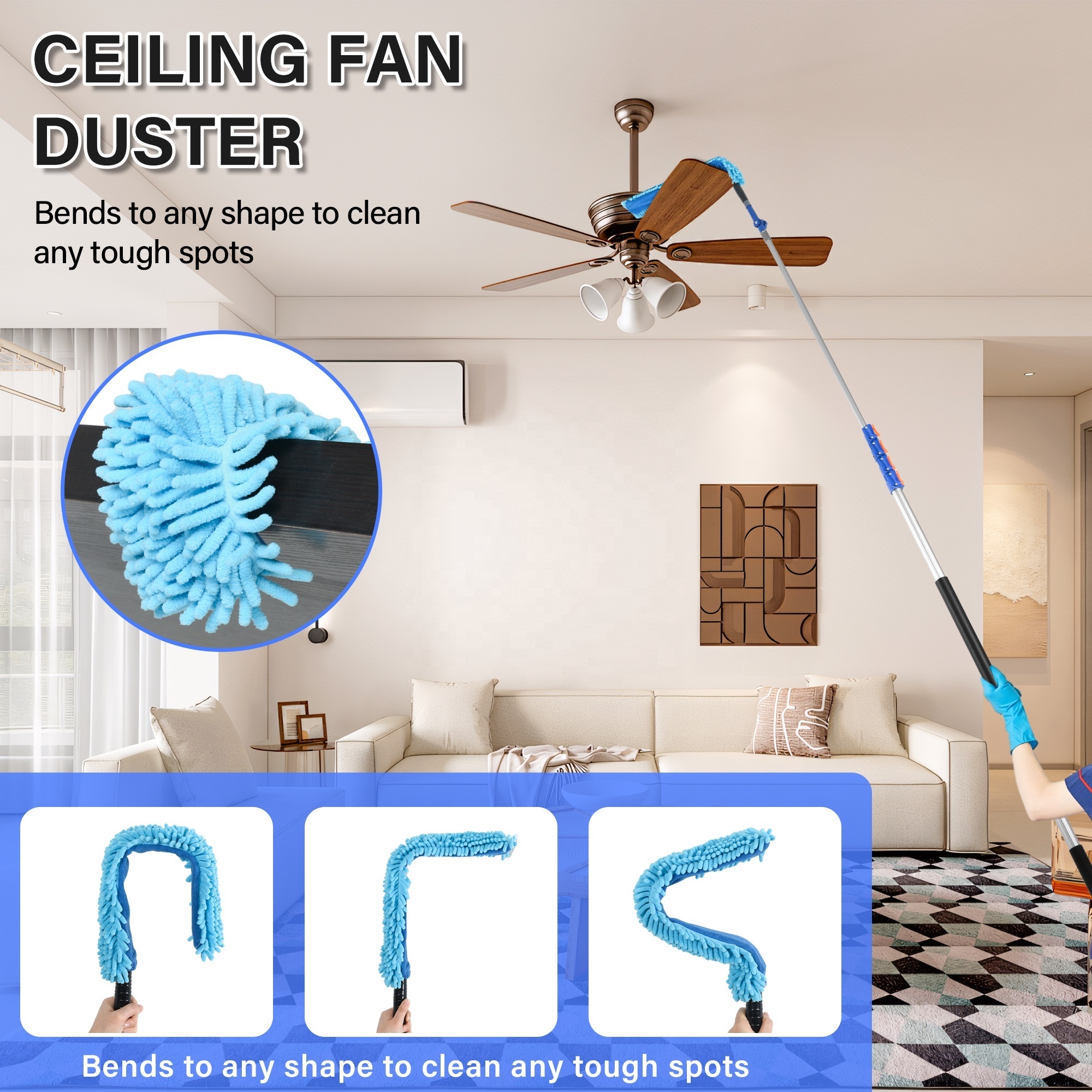 Cleaning Kit with 5-12 Foot Telescoping Extension Pole Window Squeegee  Cobweb  Microfiber Feather Ceiling Fan Dusters