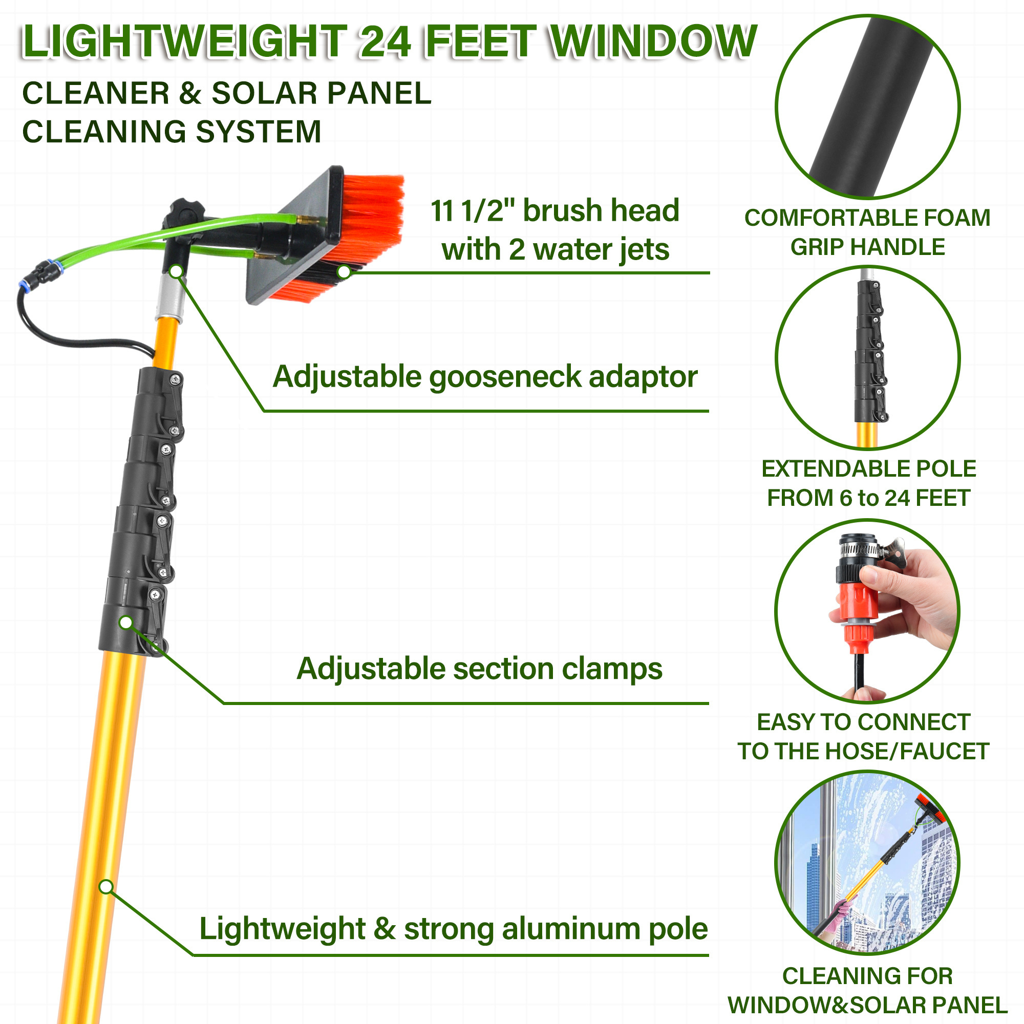 Window Washing Equipment Solar Panel Cleaning Kit Water Fed Pole Brush with telescopic extension pole