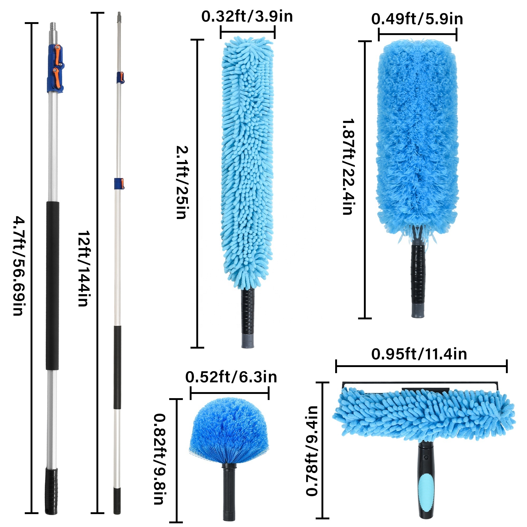 Cleaning Kit with 5-12 Foot Telescoping Extension Pole Window Squeegee  Cobweb  Microfiber Feather Ceiling Fan Dusters