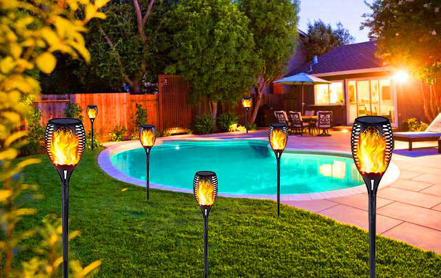 Outdoor Garden Landscape Yard Pool Lawn Driveway Path Waterproof Solar LED Lamp Flickering Flame Dancing Tiki Torches Lights