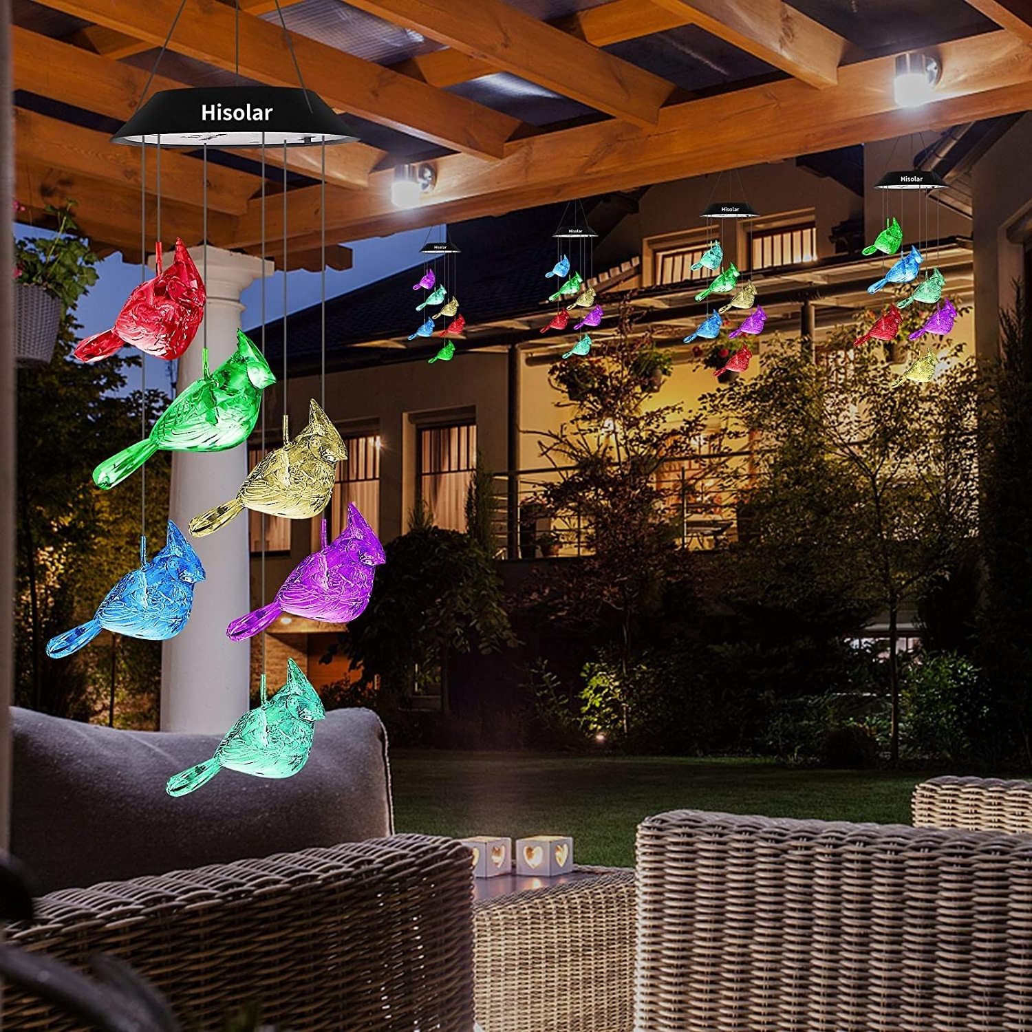 Waterproof Color Changing Led Light Solar Powered Mobile Hanging Cardinal Bird Solar Wind Chimes  for Patio Garden Party