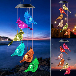 Waterproof Color Changing Led Light Solar Powered Mobile Hanging Cardinal Bird Solar Wind Chimes  for Patio Garden Party