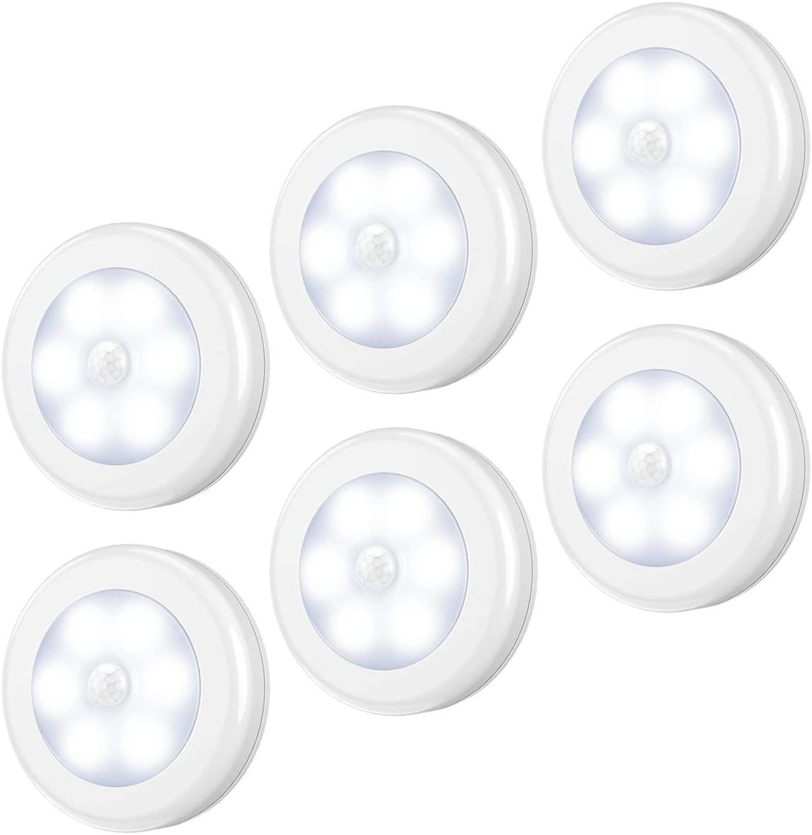 Battery Operated 6 LED Round Indoor Night Lights Motion Sensor Wardrobe Closet Under Cabinet Lights for Bathroom Bedroom Kitchen