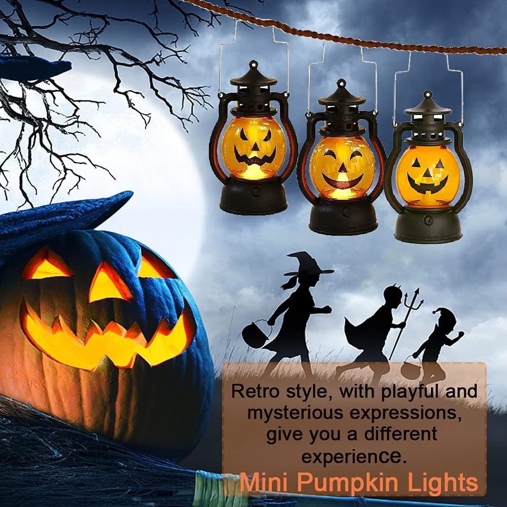 Battery Mini Portable Halloween Decoration Jack-O-Lantern Pumpkin Lantern with Flickering LED  for Ghost Party Home Outdoor Yard