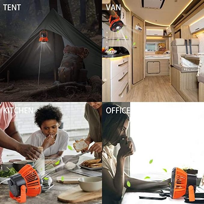 New USB Rechargeable 5200mAh Battery Operated Portable Camping Lantern Fan LED Light with Hanging Hoop for Tent Fishing Picnic