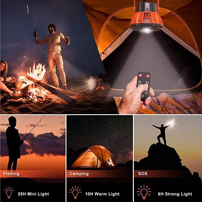 New USB Rechargeable 5200mAh Battery Operated Portable Camping Lantern Fan LED Light with Hanging Hoop for Tent Fishing Picnic