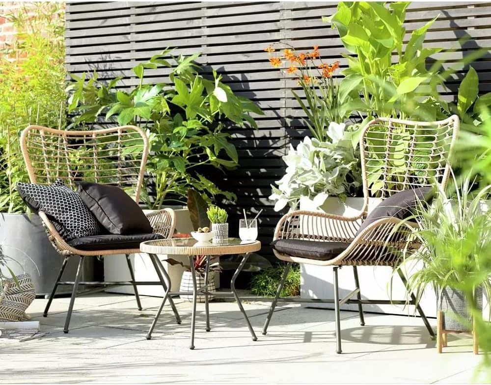 3 Piece Patio Set, Outdoor Furniture Wicker Bistro Set Rattan Chair Conversation Sets with Coffee Table and Gray Cushions