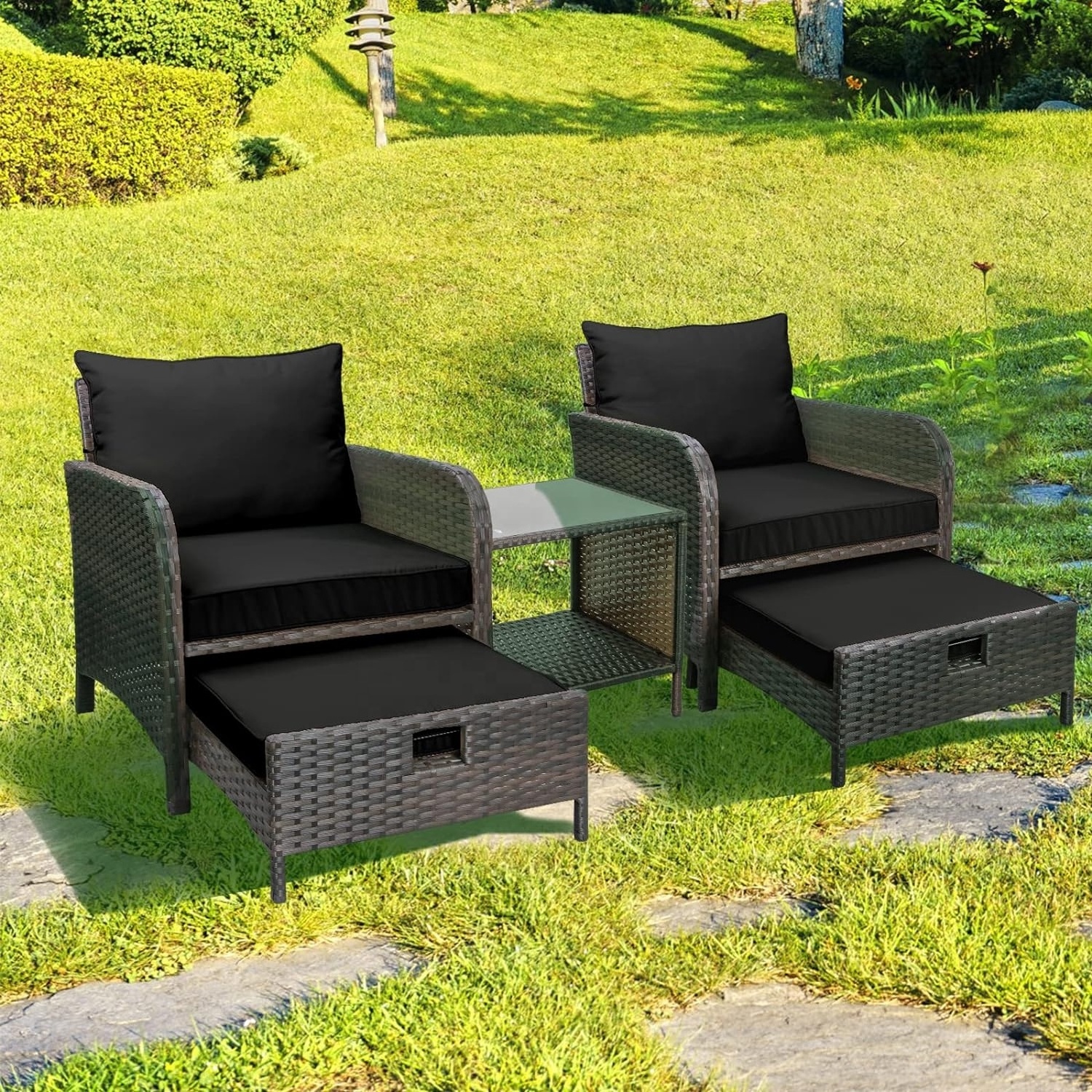 5 Piece Patio Conversation Set, PE Wicker Rattan Outdoor Lounge Chairs with Soft Cushions 2 Ottoman&Glass Table for Porch(Black)