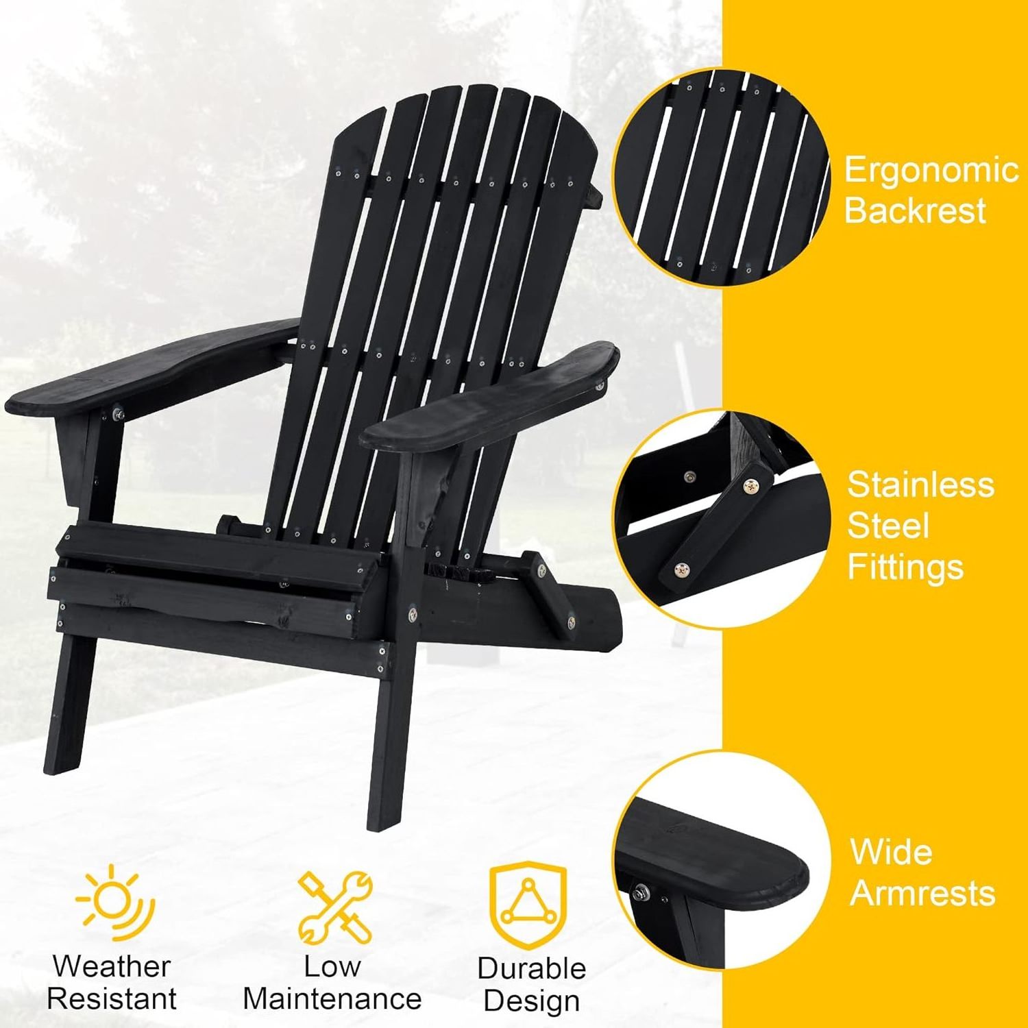 YANGTEK Folding Adirondack Chair Wooden Fire Pit Chairs with Wide Handrail for Outdoor,350lb Weight Capacity Lawn Chairs(Black)