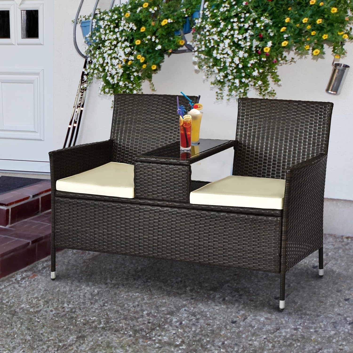 2-Seat Patio Conversation Sets, Outdoor Rattan Loveseat with Table, Removable Cushion, Backyard, Garden, Lawn, (Brown)