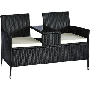 2-Seat Patio Conversation Sets, Outdoor Rattan Loveseat with Table, Removable Cushion, Backyard, Garden, Lawn, (Black)