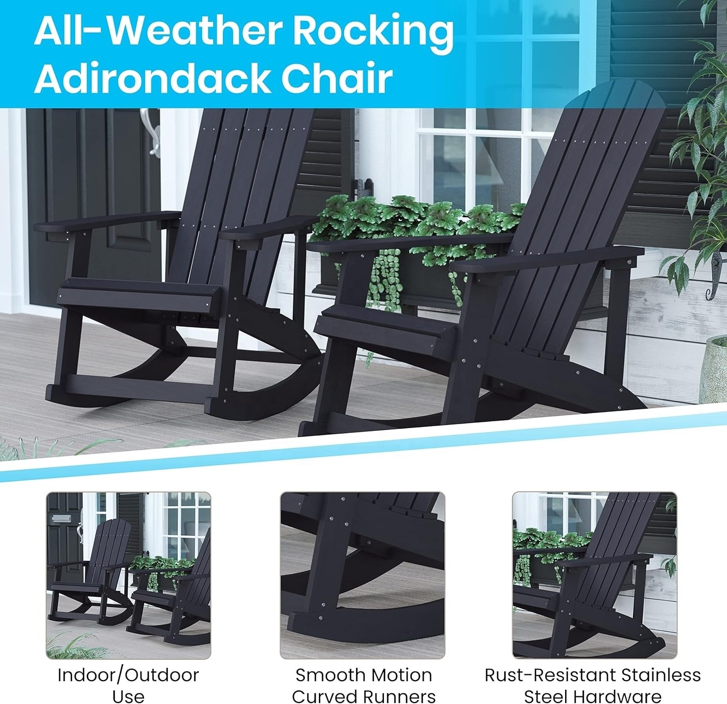 YANGTEK Adirondack Rocking Chair,HDPS Poly Rocking Chair Outdoor,Weather Resistant Rocker Chair for Porch, Yard, (Black)