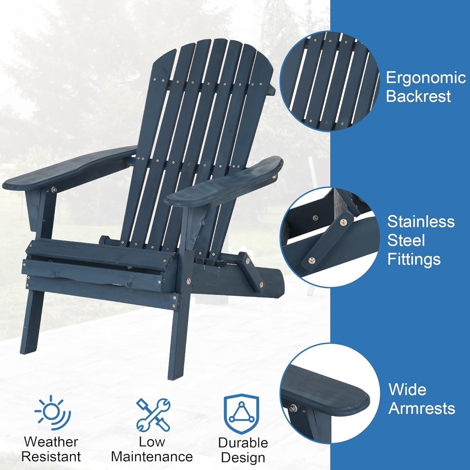 YANGTEK Waterproof Outdoor Garden Classic Folding Lounge Adirondack Chairs Furniture Solid Wood Adirondack Chair(Navy Blue)