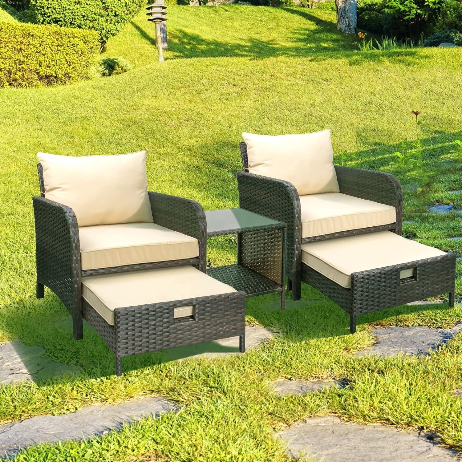 5 Piece Patio Conversation Set, PE Wicker Rattan Outdoor Chairs with Soft Cushions 2 Ottoman&Glass Table for Porch(Sand Brown)