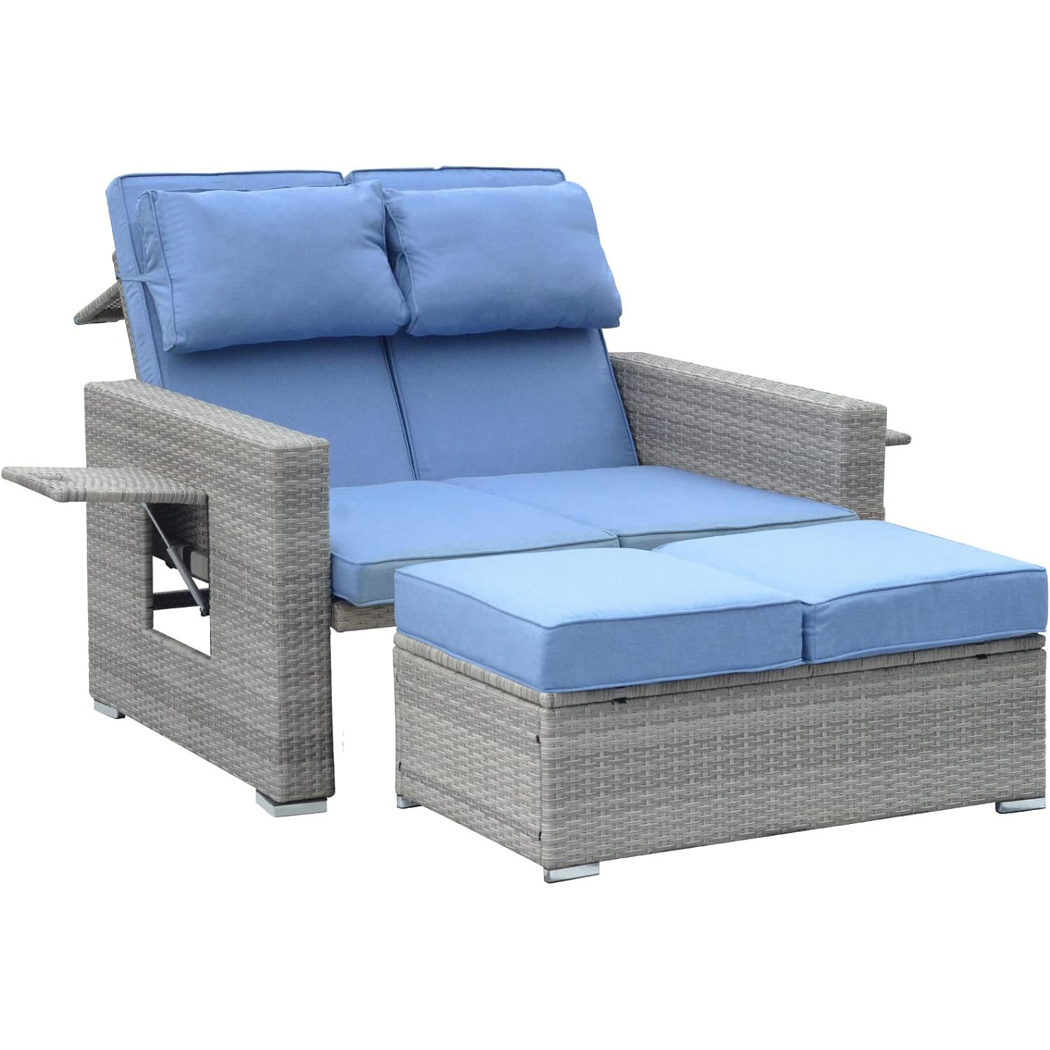 YANGTEK Patio Furniture Loveseat, 2 Pieces Outdoor Double Chaise Lounge, Large Rattan Couch Bed with Waterproof Cushion (Blue)