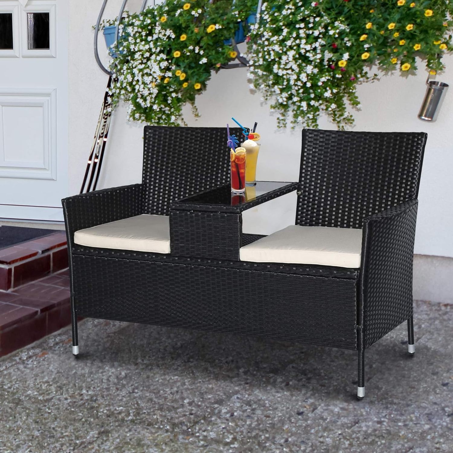 2-Seat Patio Conversation Sets, Outdoor Rattan Loveseat with Table, Removable Cushion, Backyard, Garden, Lawn, (Black)