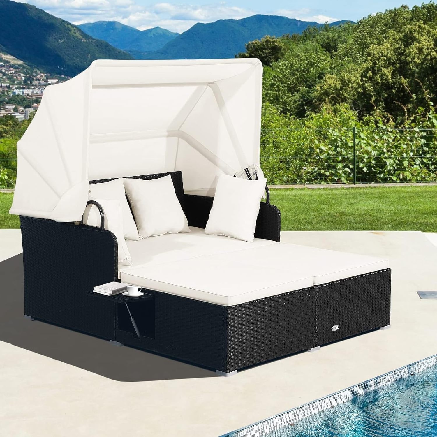 YANGTEK Hot Sale Patio Rattan Daybed with Retractable Canopy,Thick Seat & Back Cushions, for Garden, Backyard, Porch(White)