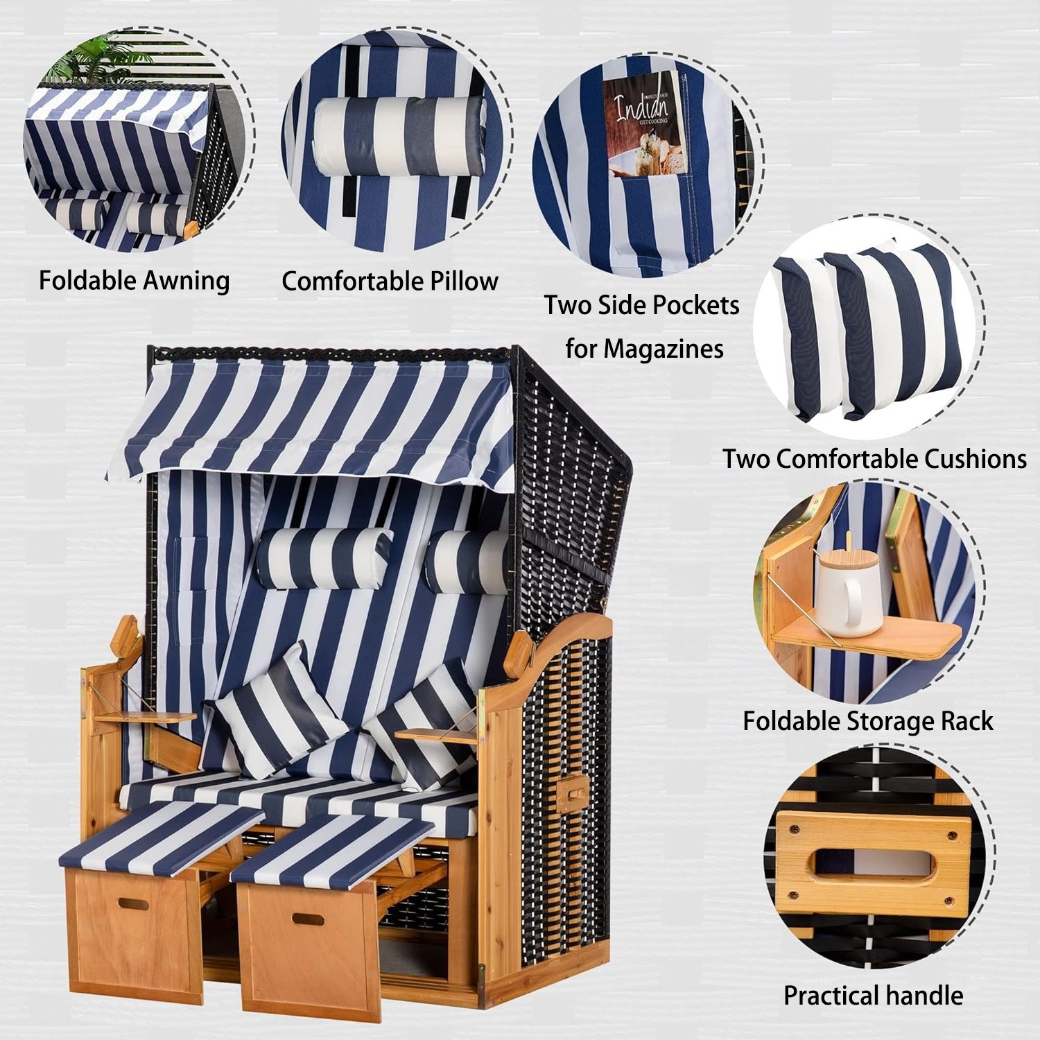 YANGTEK Strandkorb Beach Chair with Roof, PE Rattan, Five-position Back Adjustment and Retractable Footrest (Blue&White)