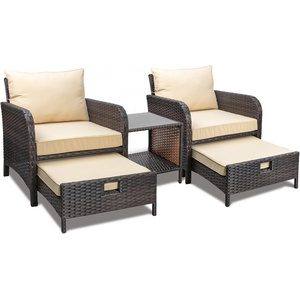 5 Piece Patio Conversation Set, PE Wicker Rattan Outdoor Chairs with Soft Cushions 2 Ottoman&Glass Table for Porch(Sand Brown)