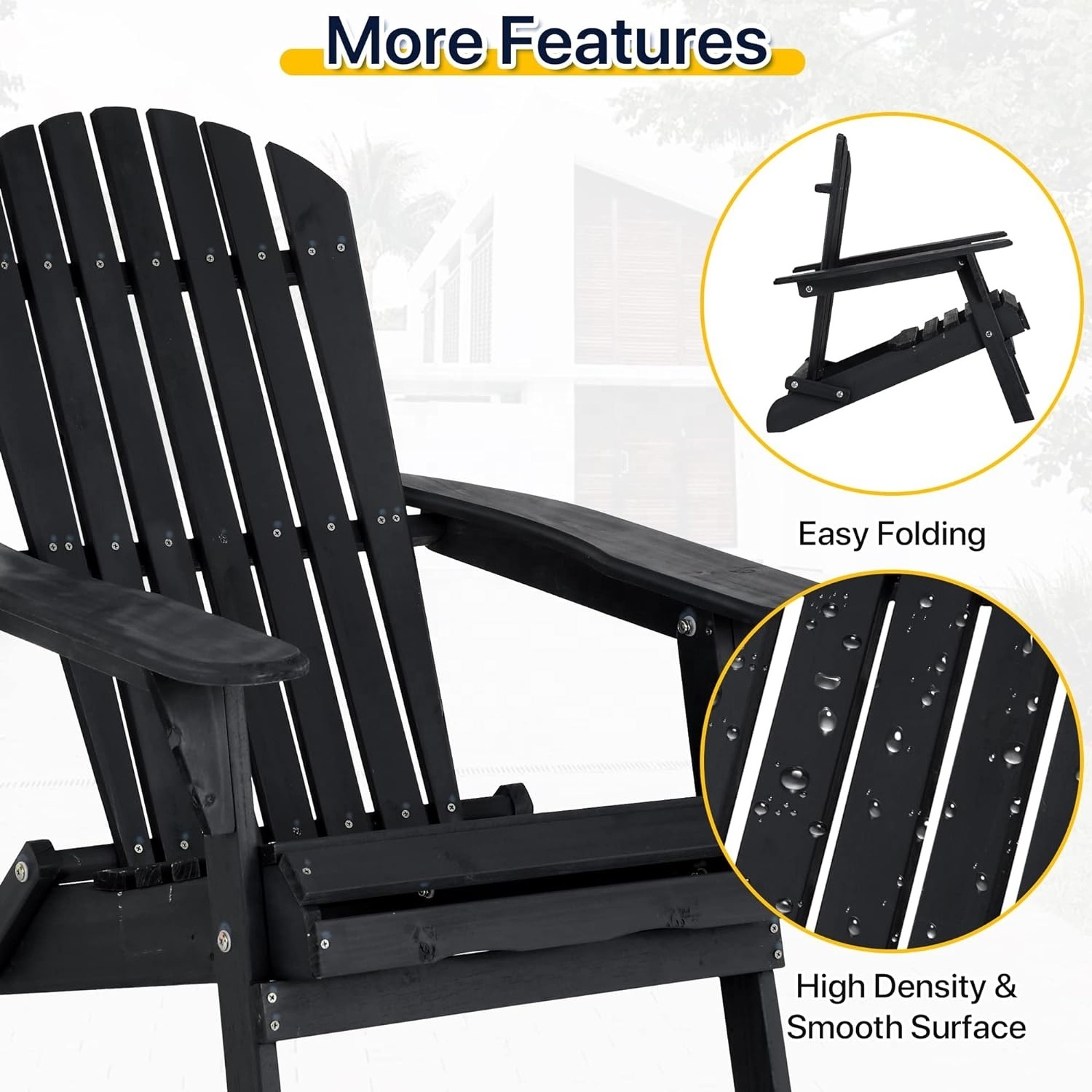 YANGTEK Folding Adirondack Chair Wooden Fire Pit Chairs with Wide Handrail for Outdoor,350lb Weight Capacity Lawn Chairs(Black)