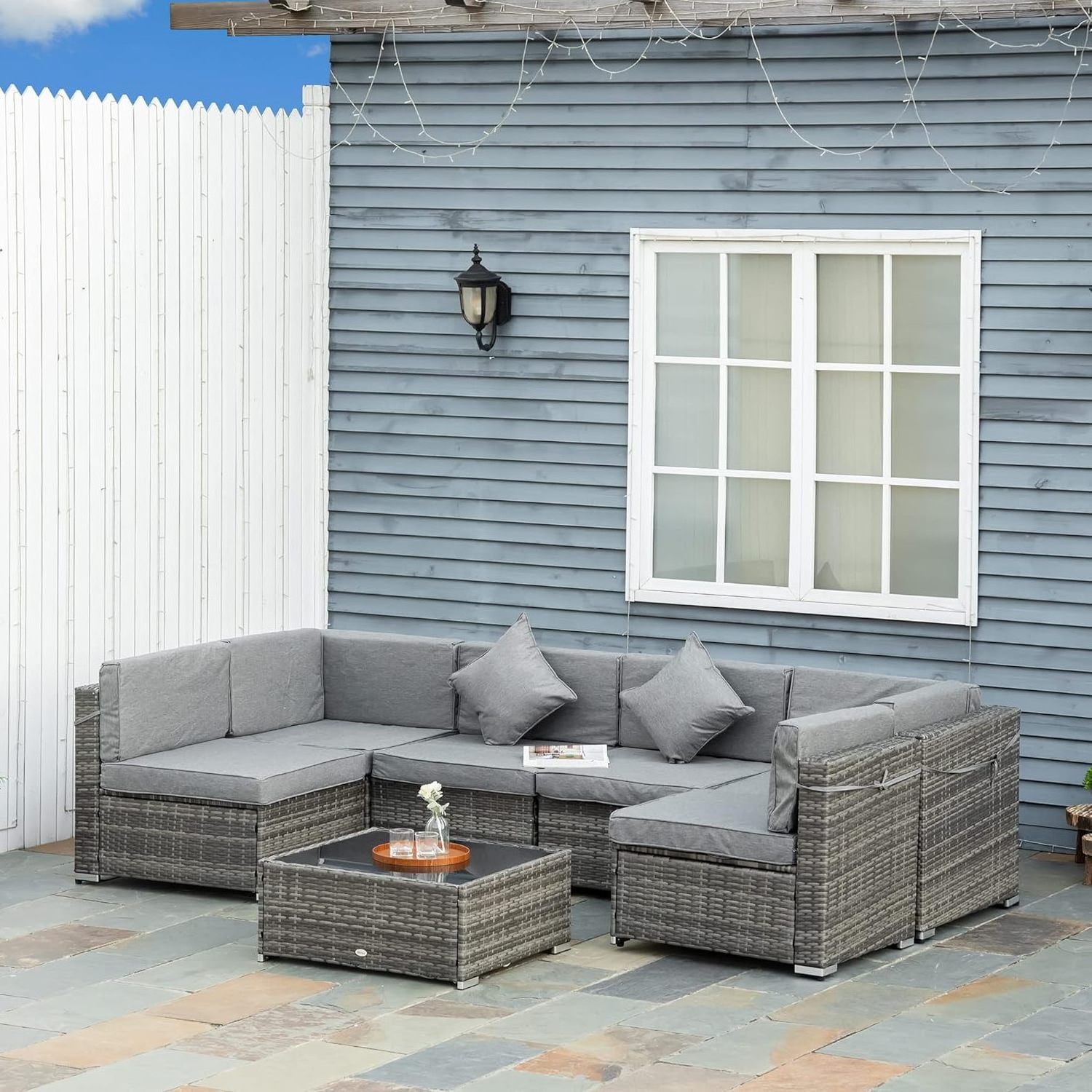 YANGTEK 7 Piece Outdoor Patio Furniture Sets with Cushions, All Weather PE Rattan Outdoor Sectional Patio Furniture Set(Grey)