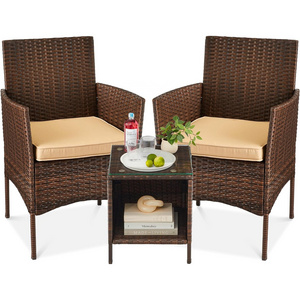 3-Piece Outdoor Wicker Conversation Bistro Set, Space Saving Patio Furniture with Side Storage Table for Garden(Brown&Tan)