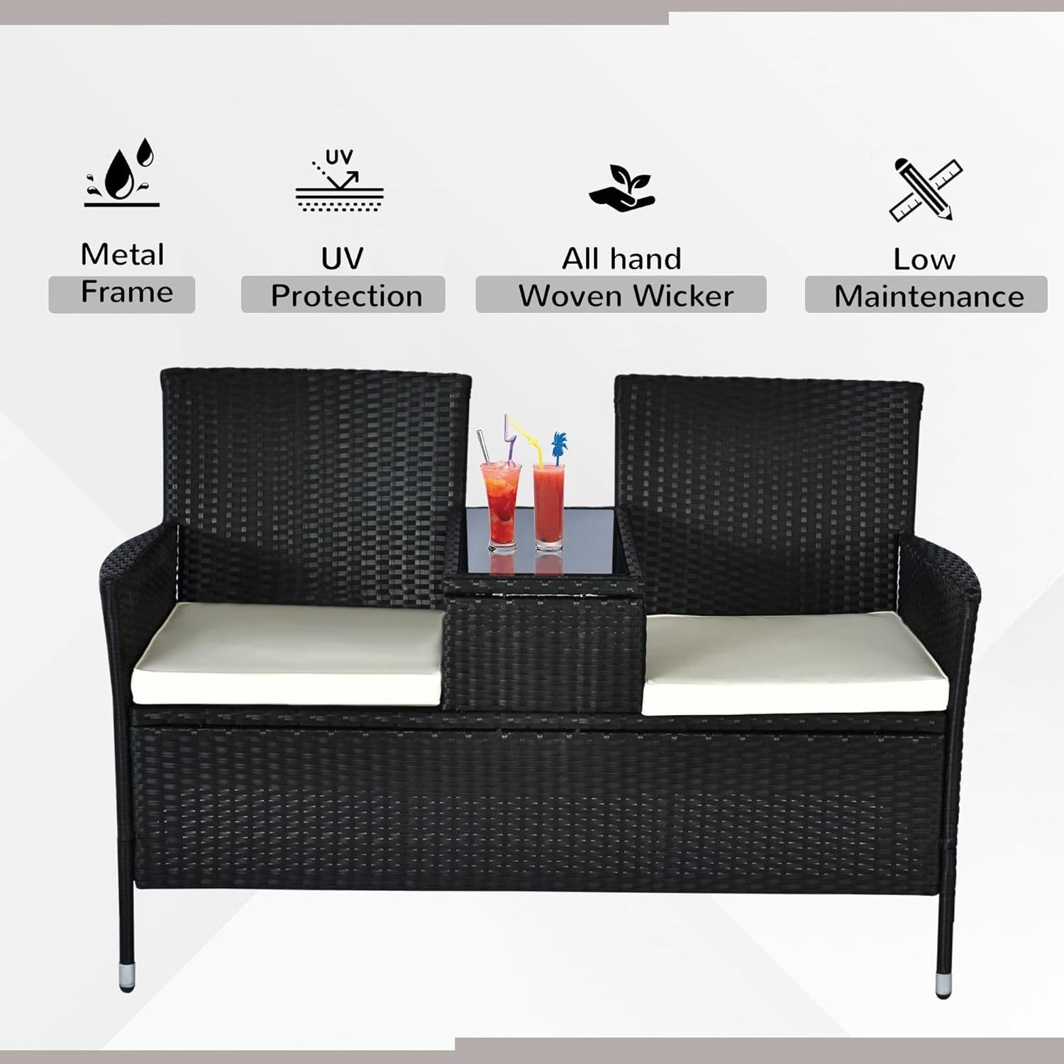 2-Seat Patio Conversation Sets, Outdoor Rattan Loveseat with Table, Removable Cushion, Backyard, Garden, Lawn, (Black)