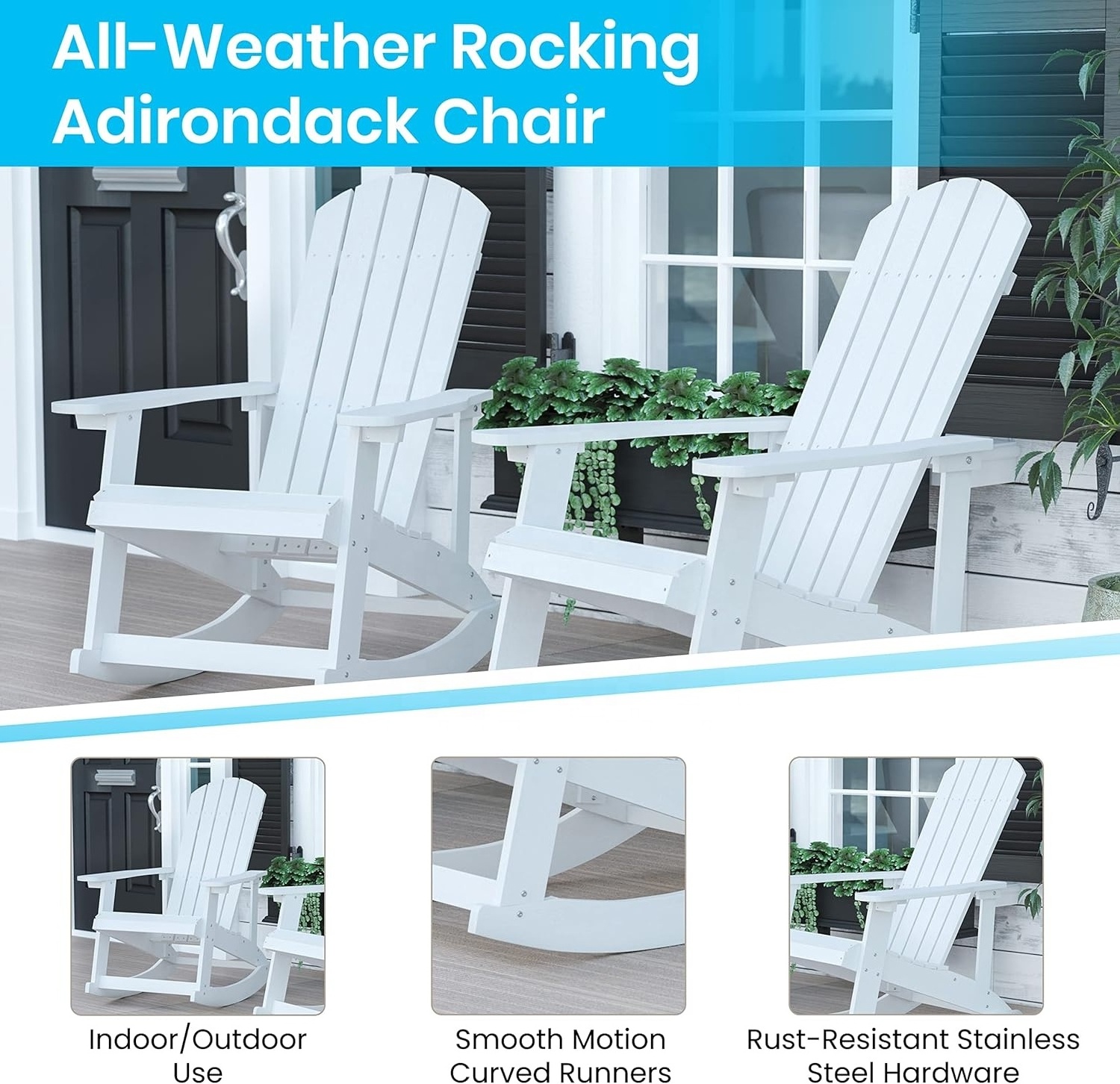 YANGTEK Adirondack Rocking Chairs Weather Resistant,Fire Pit Chairs,Plastic Adirondack Chairs for Adults,Loading 350 lb(White)