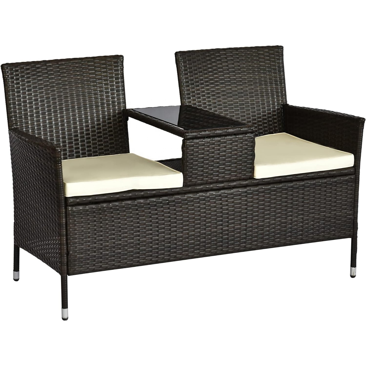 2-Seat Patio Conversation Sets, Outdoor Rattan Loveseat with Table, Removable Cushion, Backyard, Garden, Lawn, (Brown)