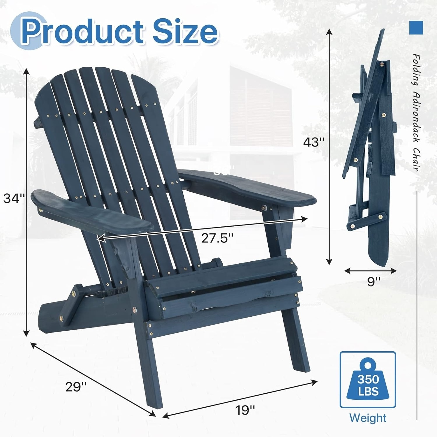 YANGTEK Waterproof Outdoor Garden Classic Folding Lounge Adirondack Chairs Furniture Solid Wood Adirondack Chair(Navy Blue)