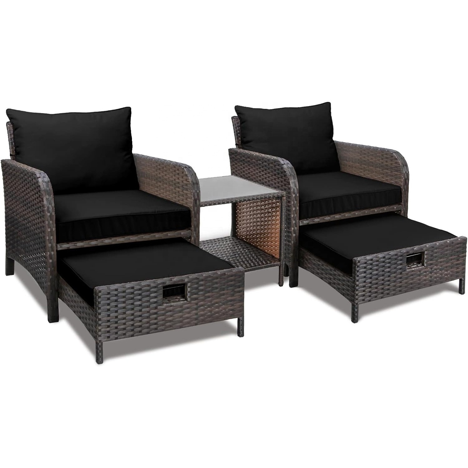 5 Piece Patio Conversation Set, PE Wicker Rattan Outdoor Lounge Chairs with Soft Cushions 2 Ottoman&Glass Table for Porch(Black)