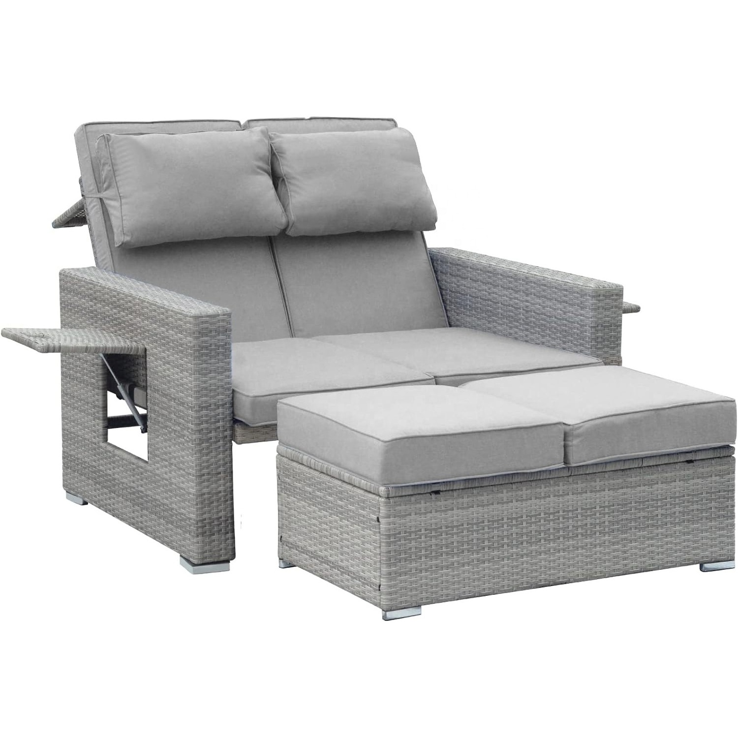 YANGTEK Outdoor Double Chaise Lounge, Large Rattan Couch Bed, Adjustable Backrest for Garden, Backyard, Pool, Balcony (Grey)