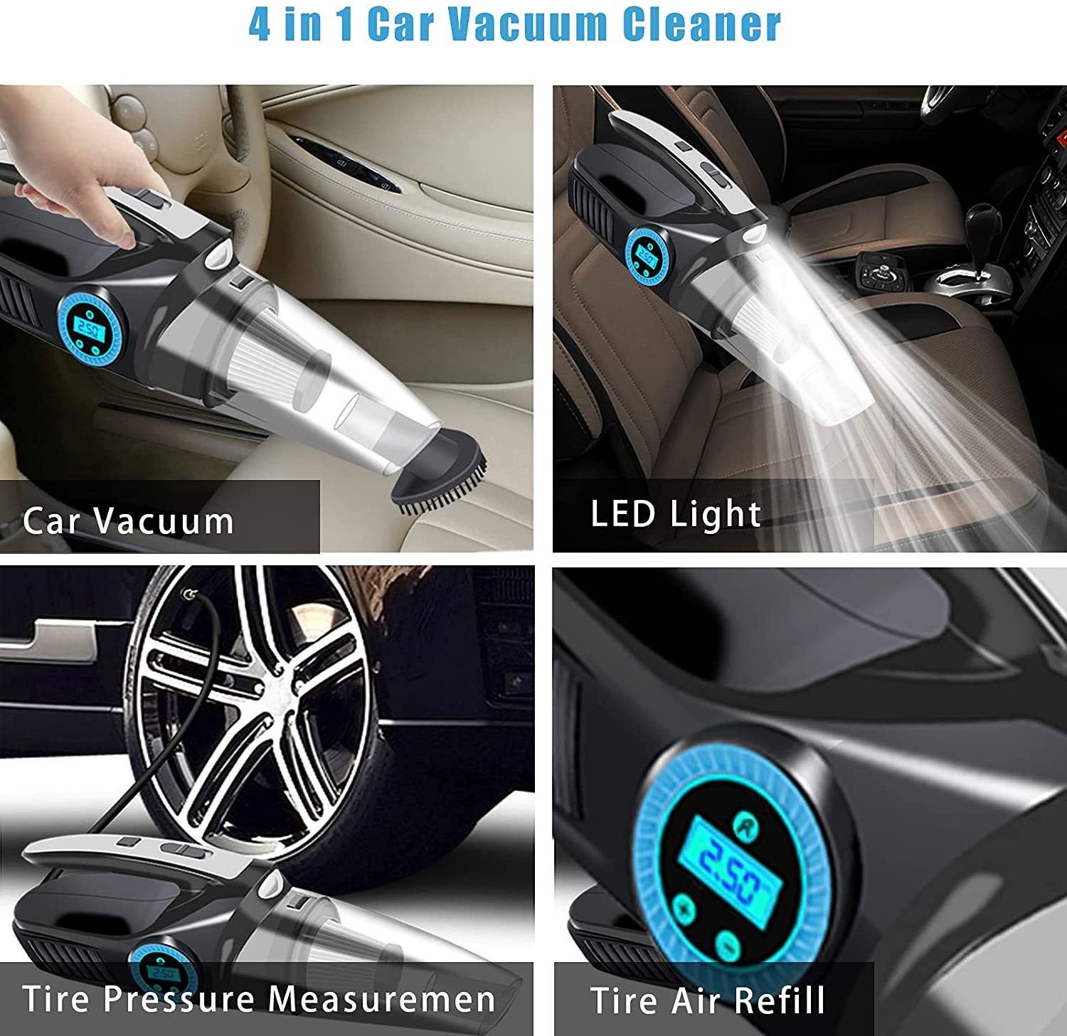 Vacuum Cleaner Tire Inflator Pump Car Powerful Handheld Vacuum Cleaner 12V Pressure Measurement with LED Lighting