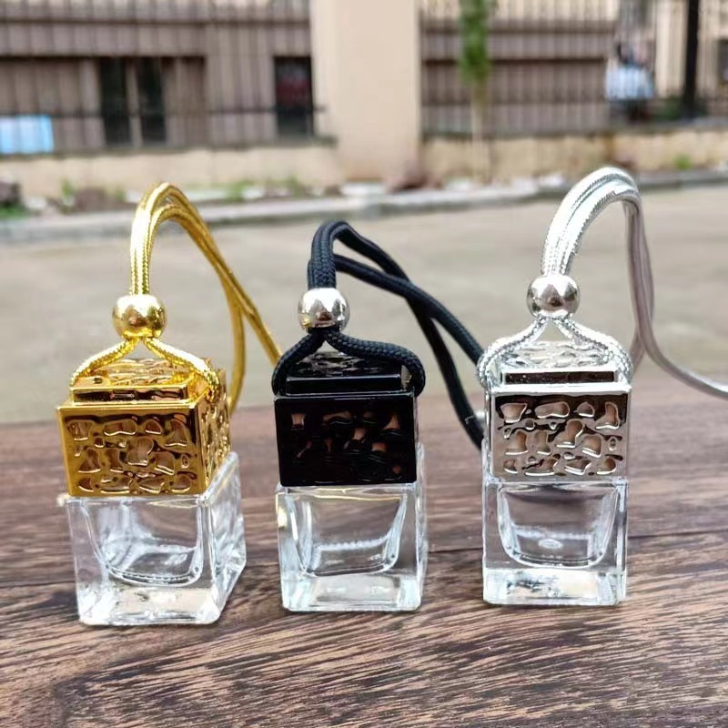 8ml Car Diffuser Bottle Professional Oil Bottles Hanging Car Perfume Bottle Square Gold Silver Black Cap Car Air Freshener