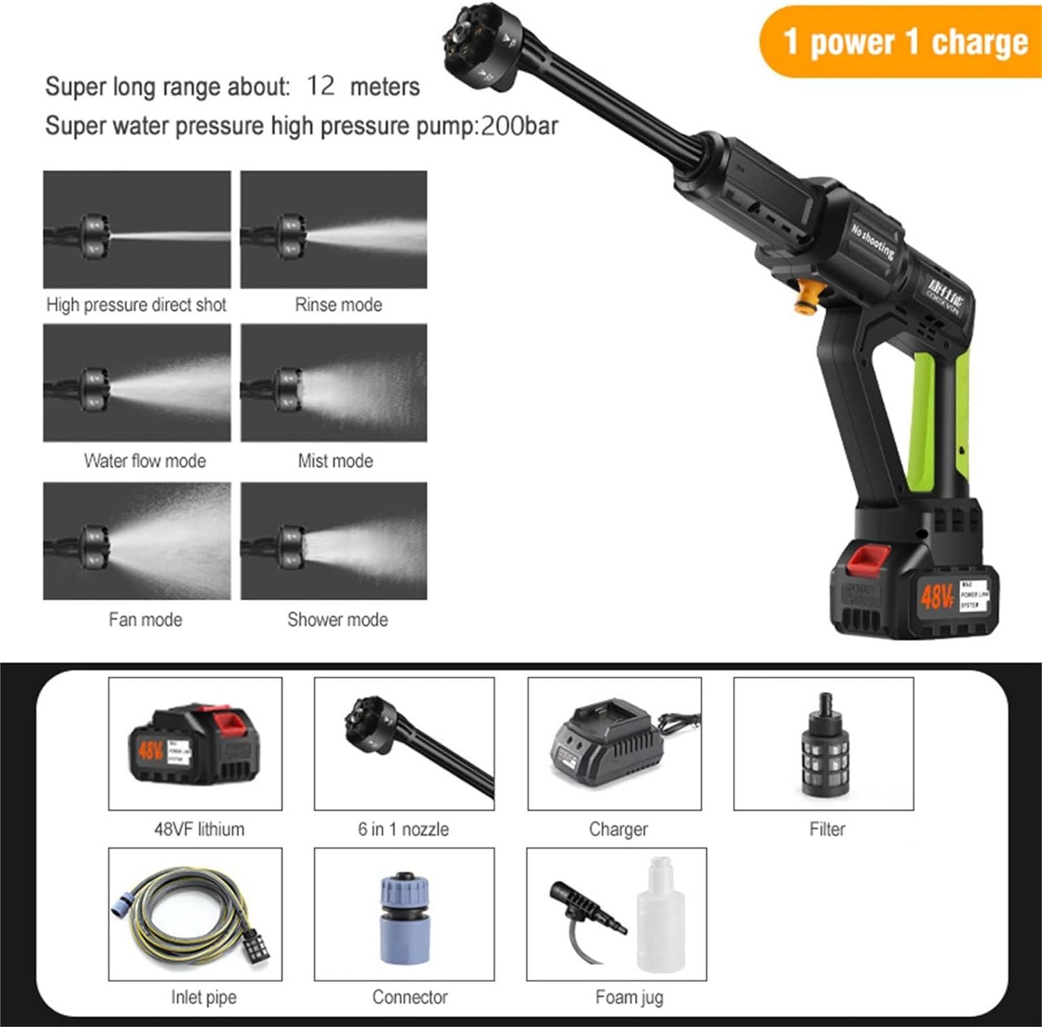 Pressure Washer 400 Psi Power Washers Gun 6 in 1 Nozzle Portable Car Clean Sprayer 3-Gear Speed Adjustable with Foam Pot