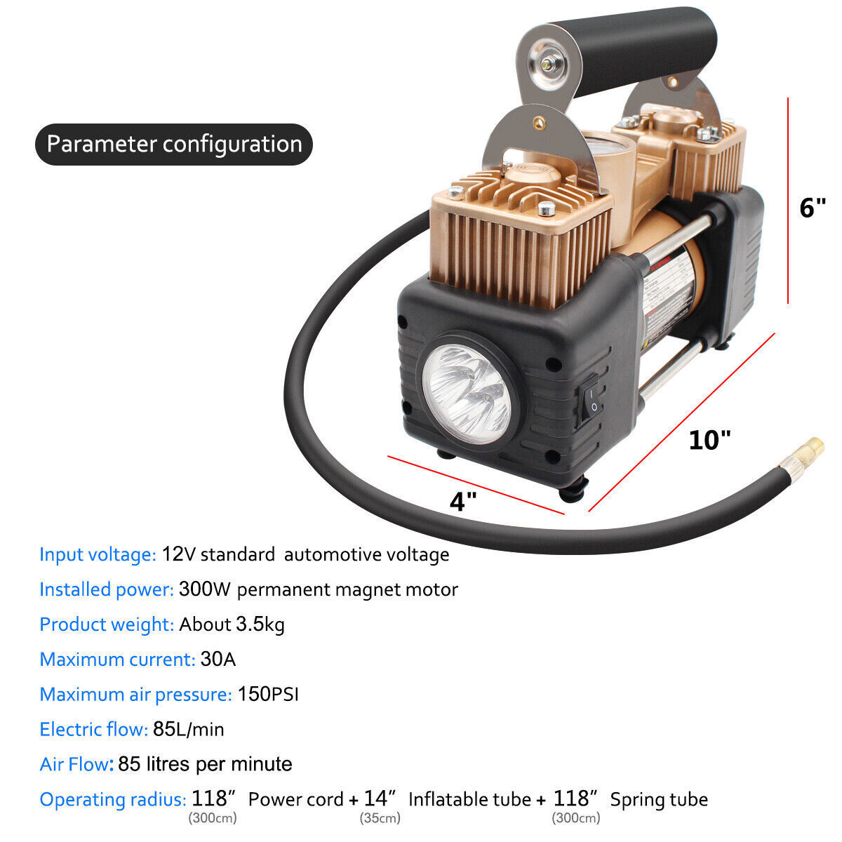 Dual Cylinder Auto Air Compressor Pump with Analogue Pressure Gauge Tyre Inflator DC Portable-12V -150PSI Puncture Repair kit